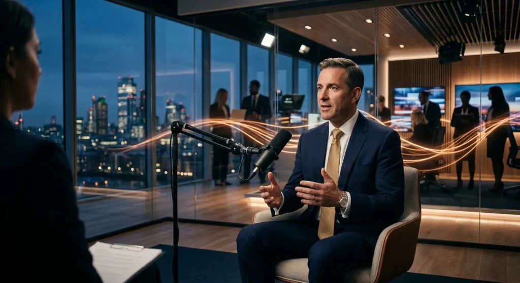 Ein Mann im Anzug spricht bei einem Interview in einem modernen Studio vor einer nächtlichen Skyline in ein Mikrofon